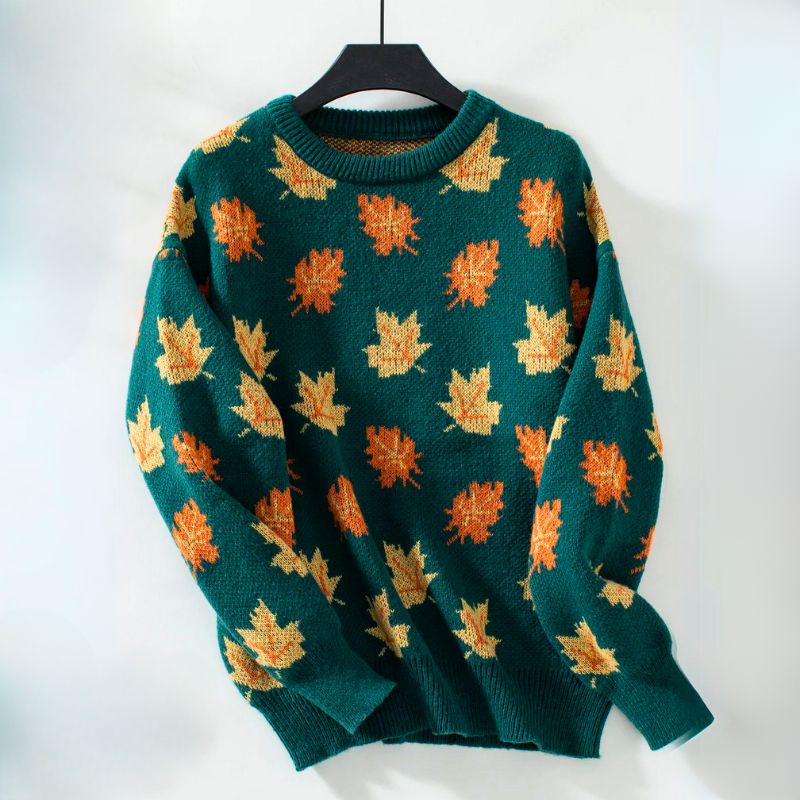 Autumn Knit Sweater | Maple Leaf Pattern In Forest Green
