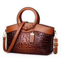 Crocodile Pattern Handbag | Brown PU Leather with Gold Hardware