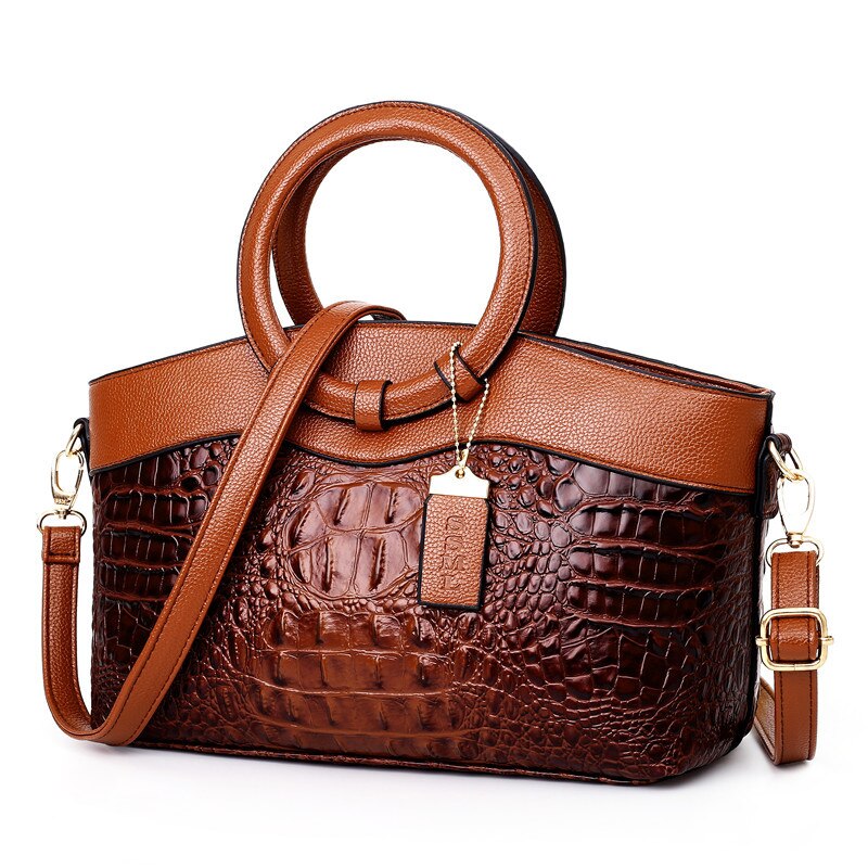 Crocodile Pattern Handbag | Brown PU Leather with Gold Hardware