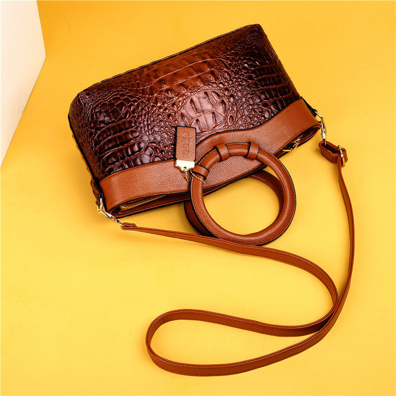 Crocodile Pattern Handbag | Brown PU Leather with Gold Hardware