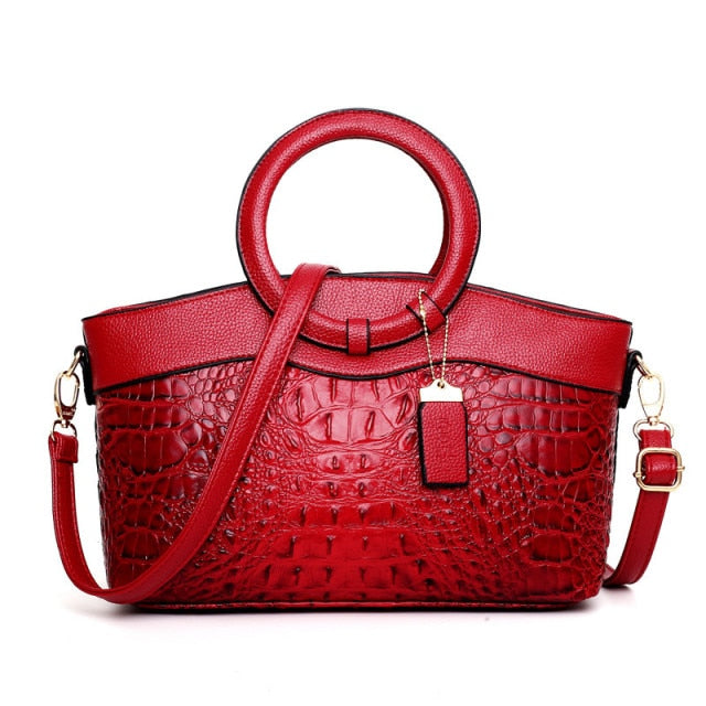 Crocodile Pattern Handbag | Brown PU Leather with Gold Hardware