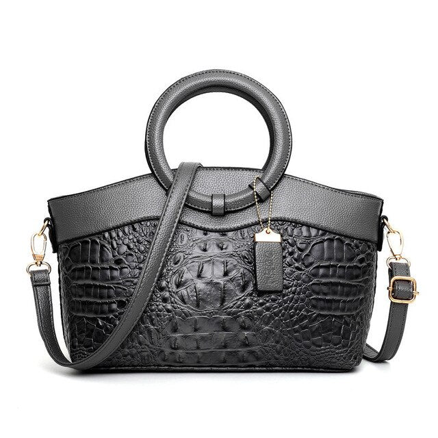 Crocodile Pattern Handbag | Brown PU Leather with Gold Hardware
