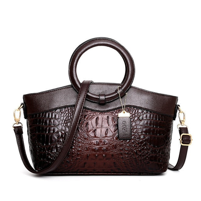 Crocodile Pattern Handbag | Brown PU Leather with Gold Hardware