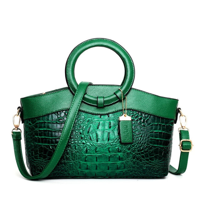 Crocodile Pattern Handbag | Brown PU Leather with Gold Hardware