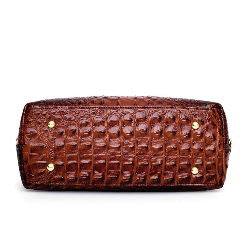 Crocodile Pattern Handbag | Brown PU Leather with Gold Hardware