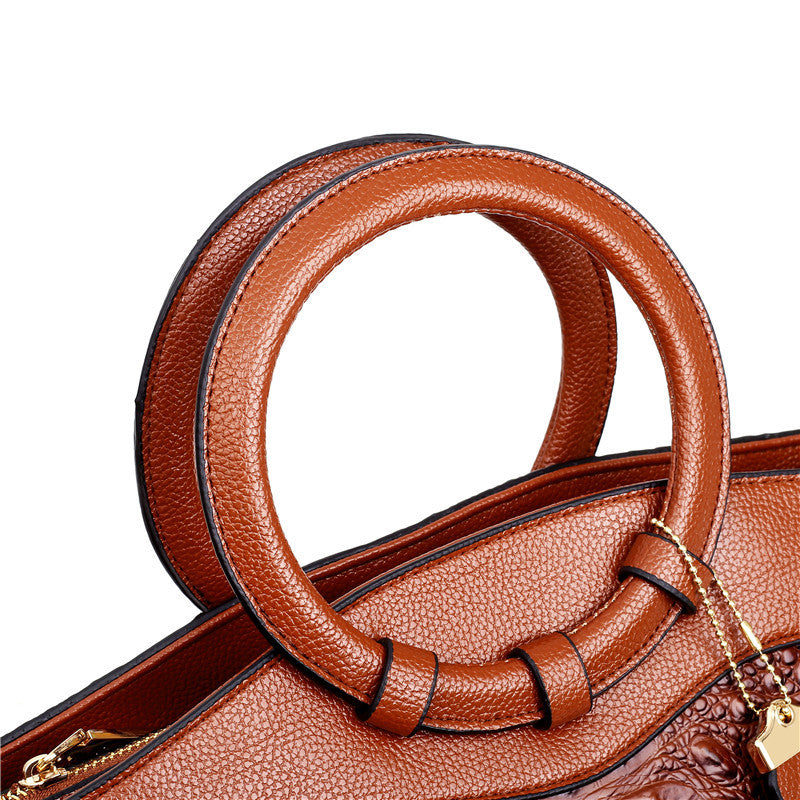 Crocodile Pattern Handbag | Brown PU Leather with Gold Hardware