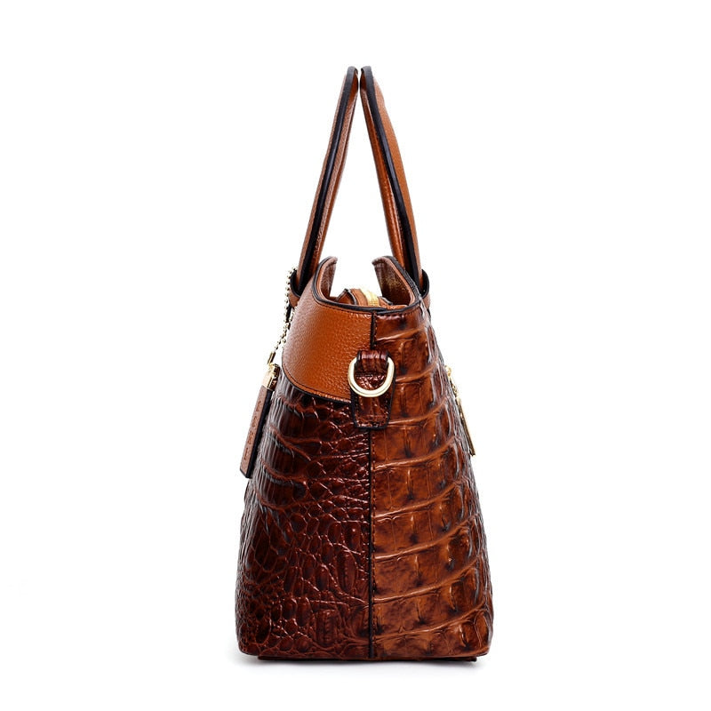 Crocodile Pattern Handbag | Brown PU Leather with Gold Hardware