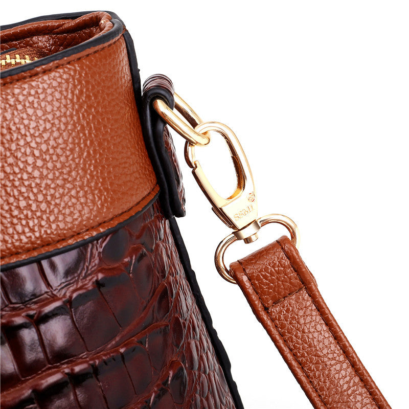 Crocodile Pattern Handbag | Brown PU Leather with Gold Hardware