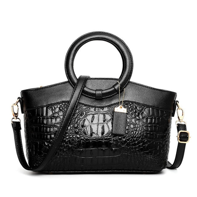 Crocodile Pattern Handbag | Brown PU Leather with Gold Hardware