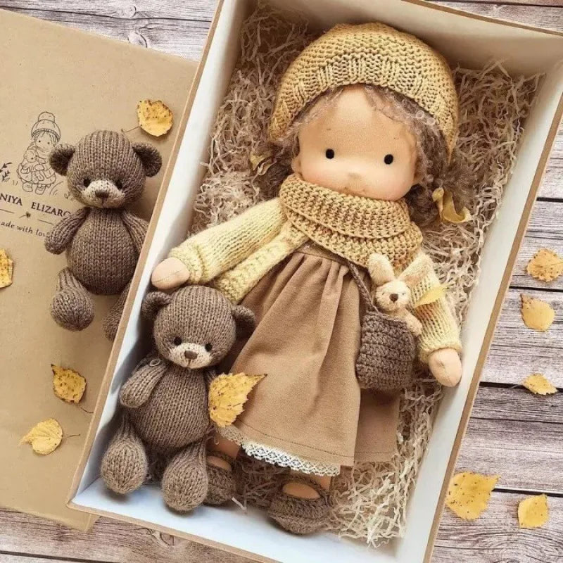 Waldorf Cotton Doll | Autumn Floral Dress With Knit Cardigan