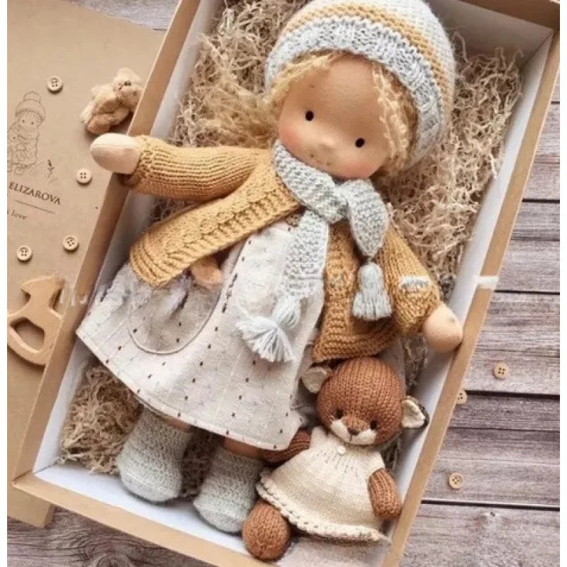 Waldorf Cotton Doll | Autumn Floral Dress With Knit Cardigan
