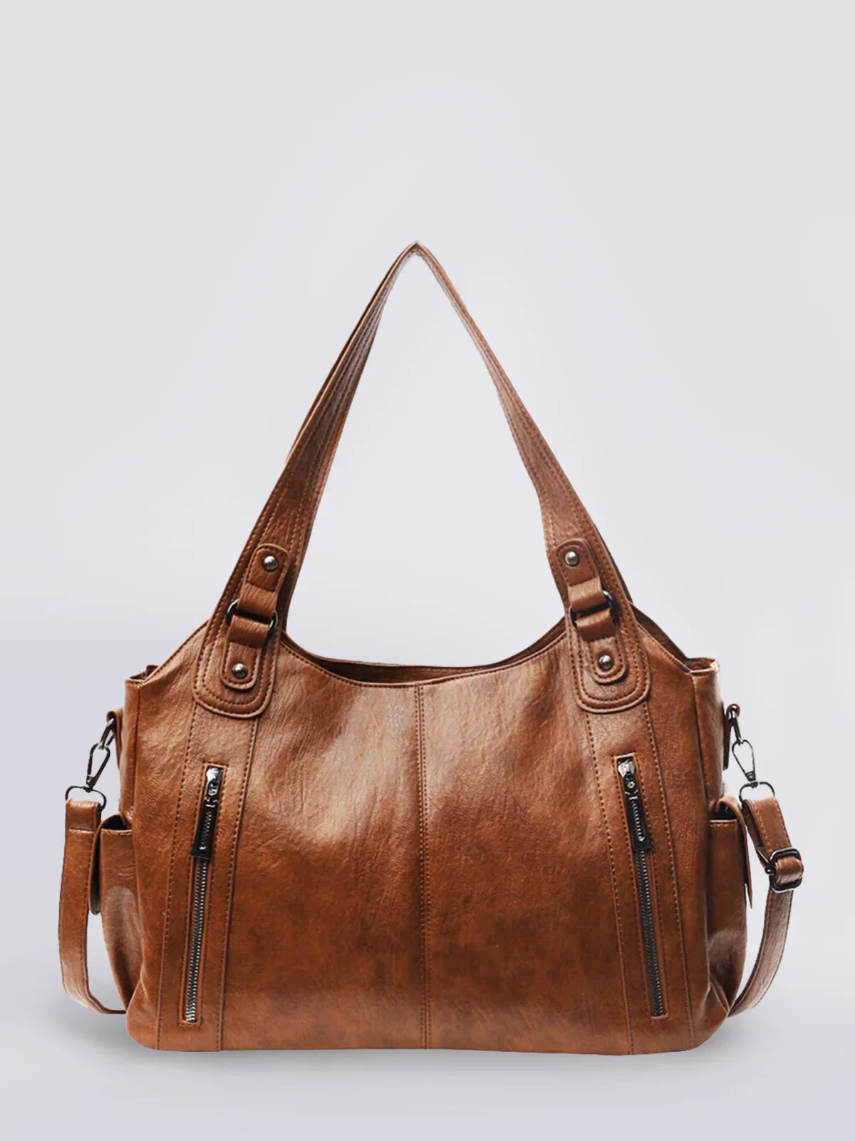 Vintage Leather Shoulder Bag | Cognac Brown with Zipper Details
