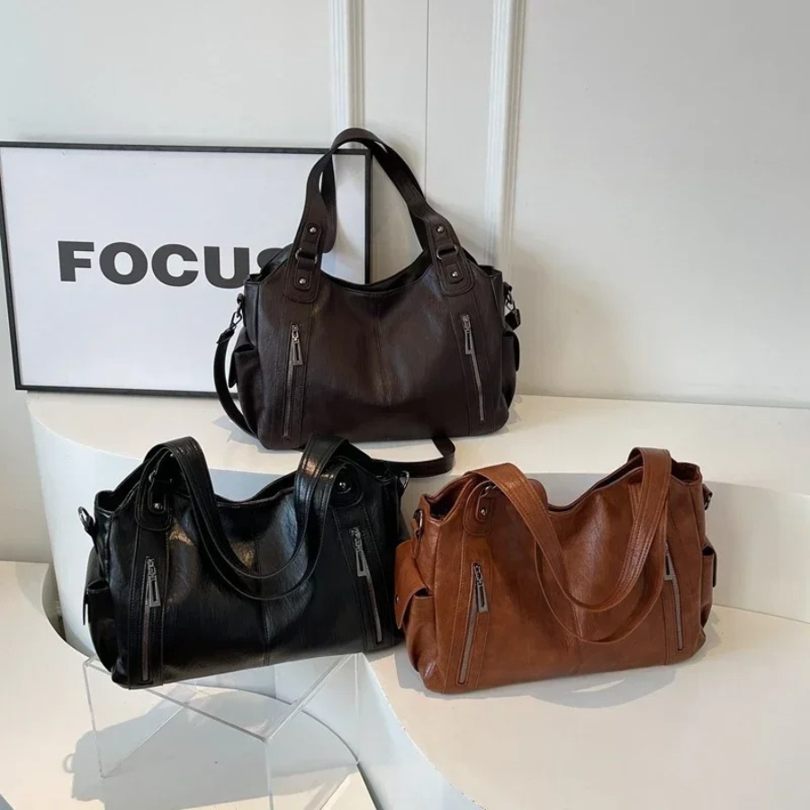 Vintage Leather Shoulder Bag | Dual Zipper Tote Design