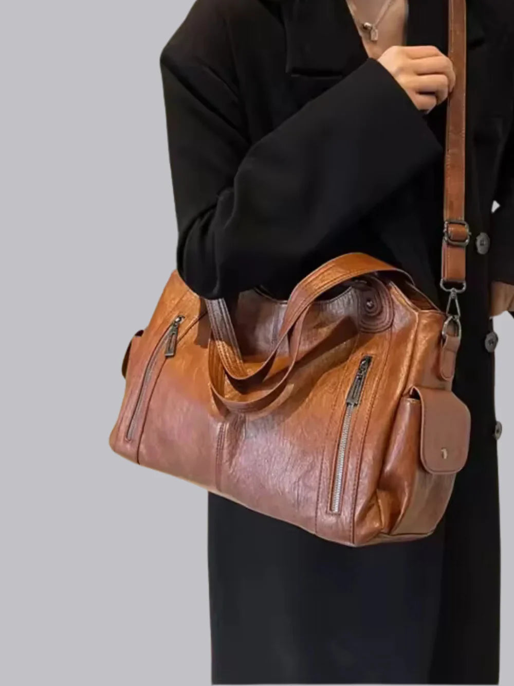 Vintage Leather Shoulder Bag | Dual Zipper Tote Design