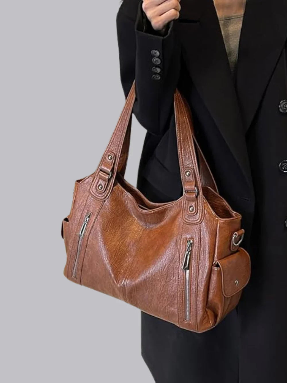 Vintage Leather Shoulder Bag | Dual Zipper Tote Design
