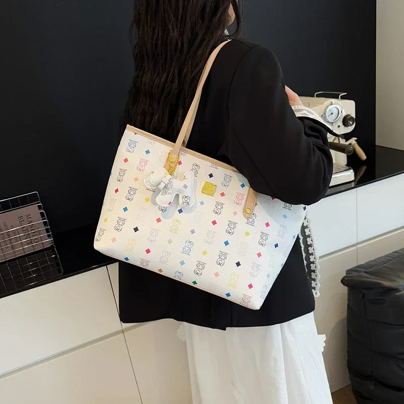 Designer Leather Tote Bag | Vintage Pattern Print With Gold Accents