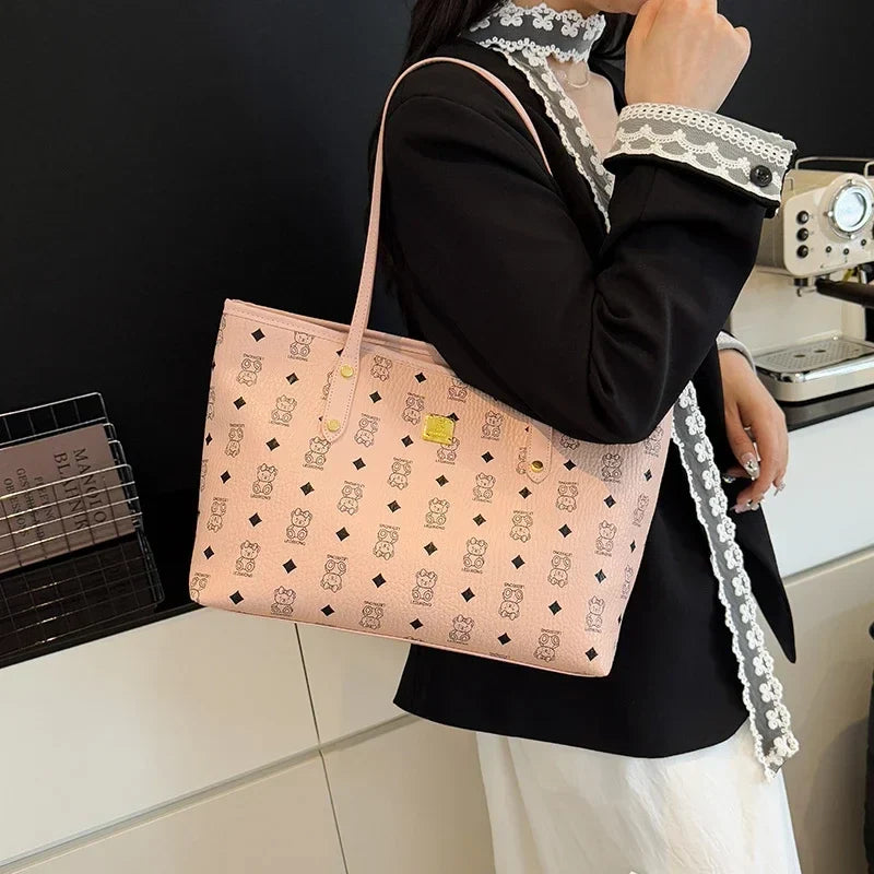 Designer Leather Tote Bag | Vintage Pattern Print With Gold Accents