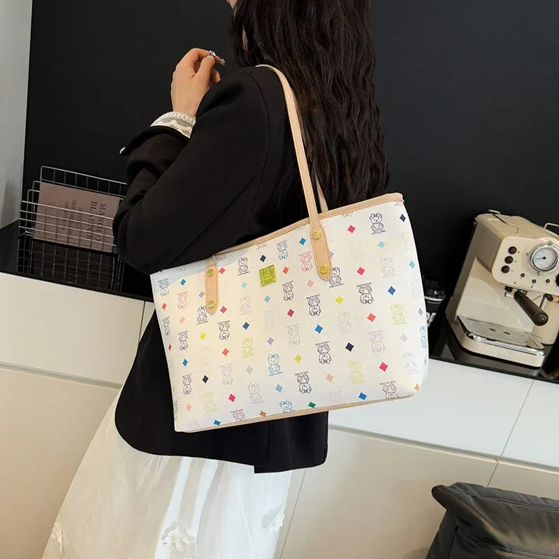 Designer Leather Tote Bag | Vintage Pattern Print With Gold Accents