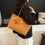 Designer Leather Tote Bag | Vintage Pattern Print With Gold Accents