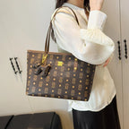Designer Leather Tote Bag | Vintage Pattern Print With Gold Accents