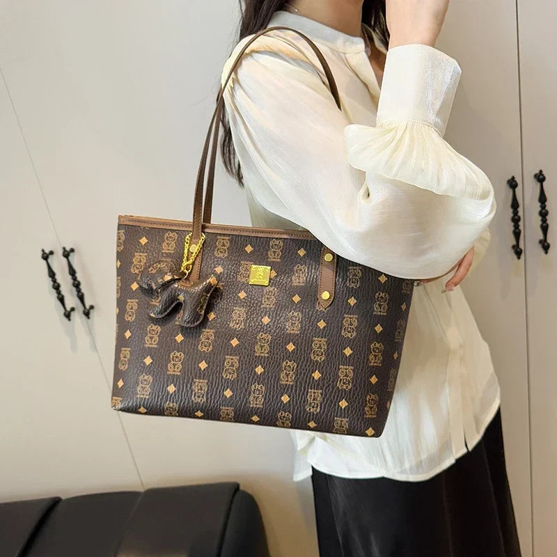 Designer Leather Tote Bag | Vintage Pattern Print With Gold Accents