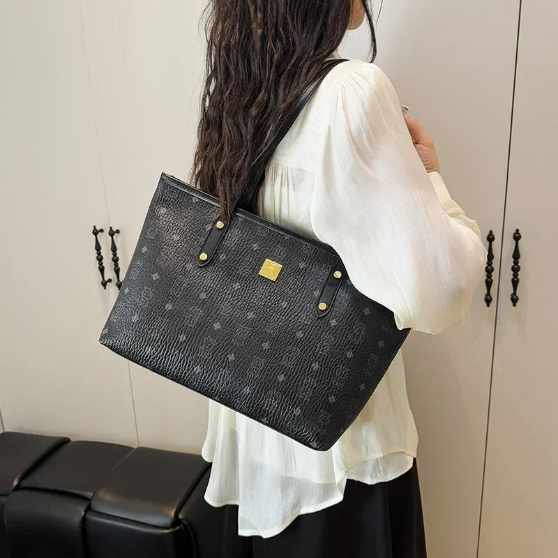 Designer Leather Tote Bag | Vintage Pattern Print With Gold Accents