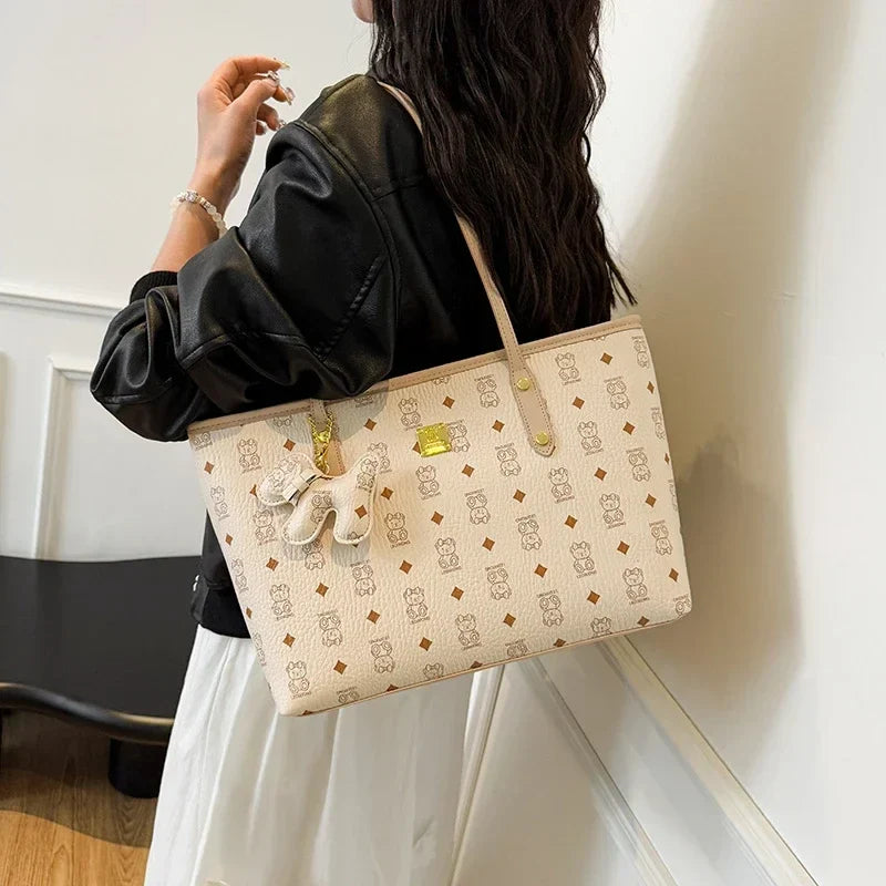 Designer Leather Tote Bag | Vintage Pattern Print With Gold Accents