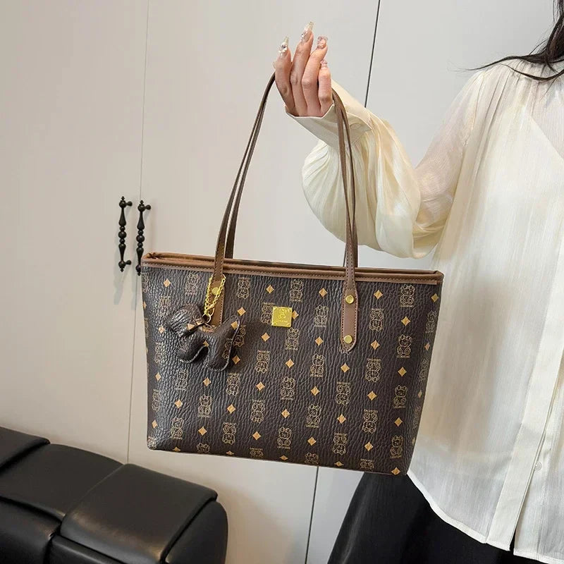 Designer Leather Tote Bag | Vintage Pattern Print With Gold Accents