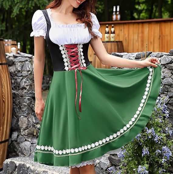 Traditional Dirndl Dress | Bavarian Green with Lace Trim