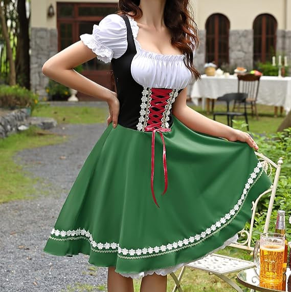 Traditional Dirndl Dress | Bavarian Green with Lace Trim