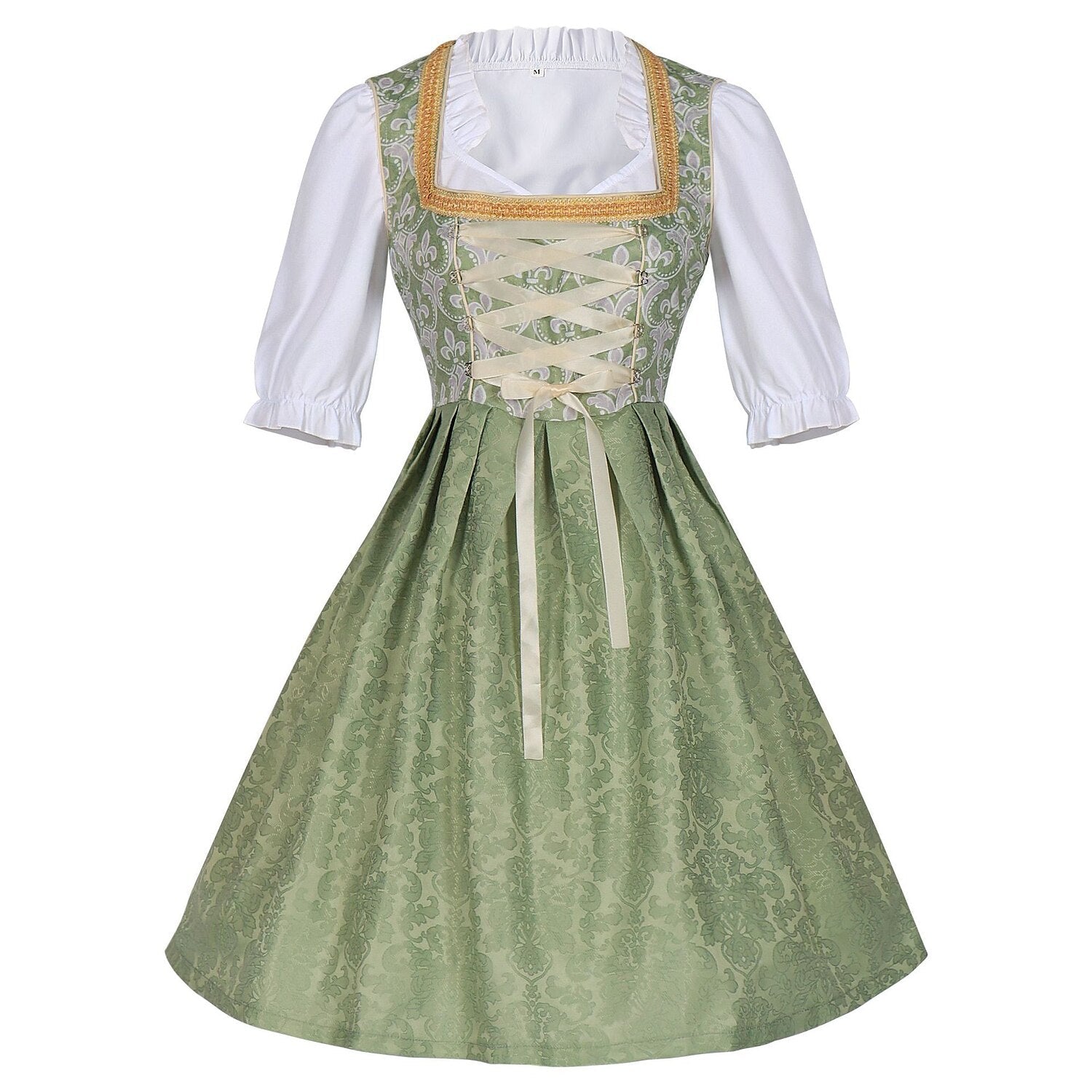 Traditional Dirndl Dress | Sage Green Brocade with Gold Trim