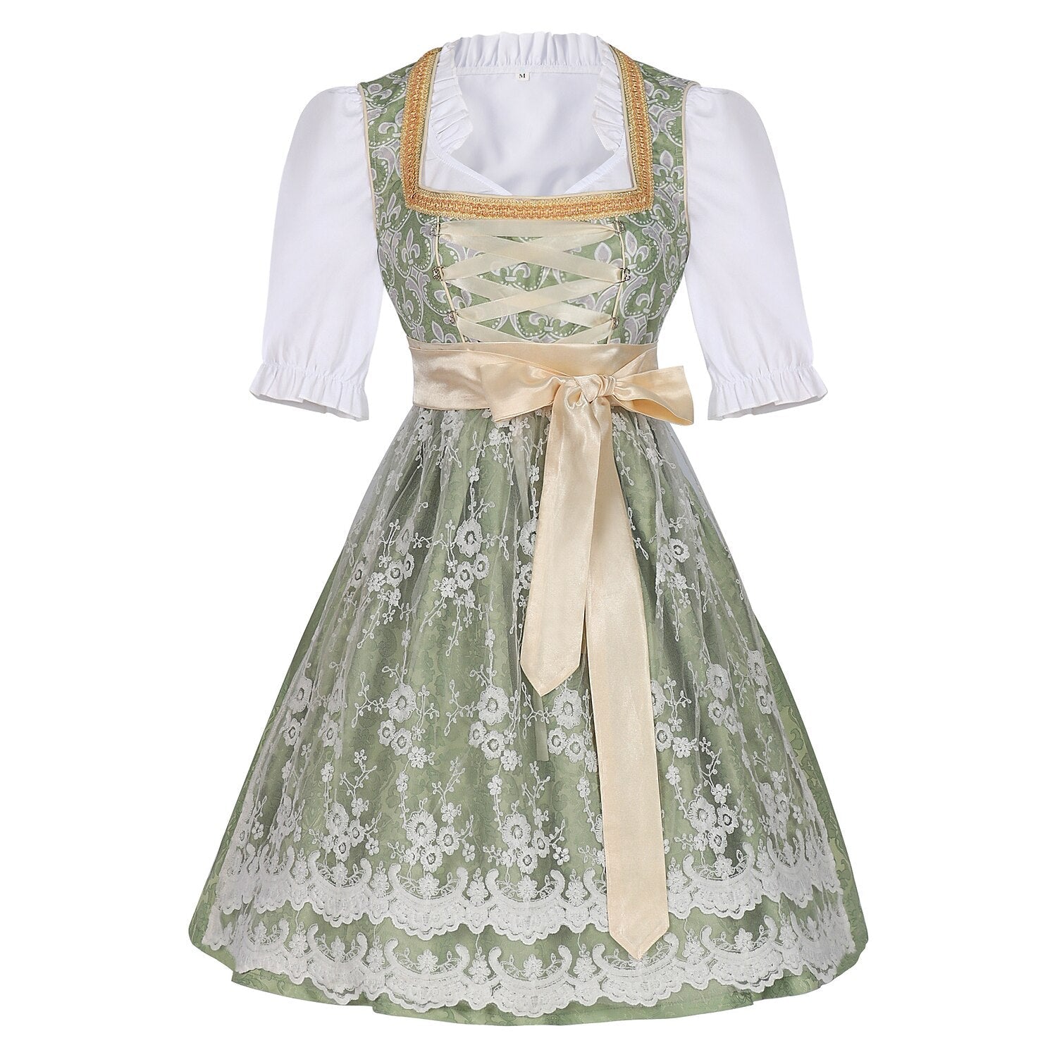 Traditional Dirndl Dress | Sage Green Brocade with Gold Trim