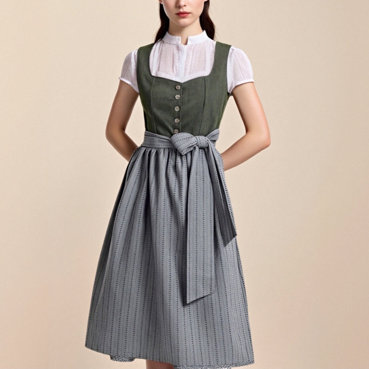 Traditional Dirndl Dress | Olive Green Bodice With Gray Apron