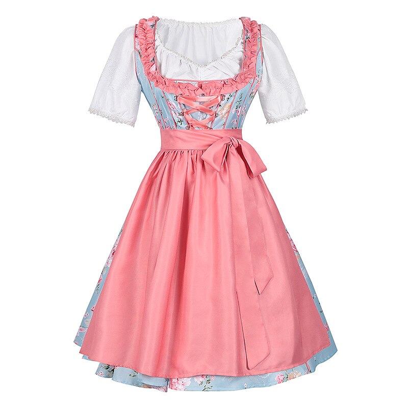 Traditional Dirndl Dress | Floral Pattern with Pink Apron Set