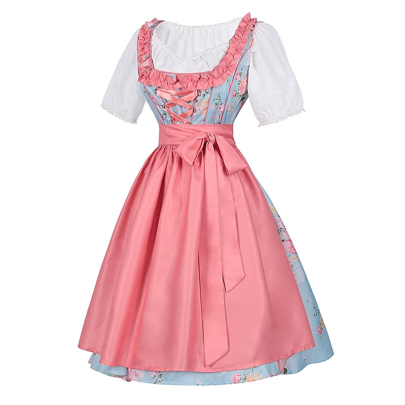 Traditional Dirndl Dress | Floral Pattern with Pink Apron Set