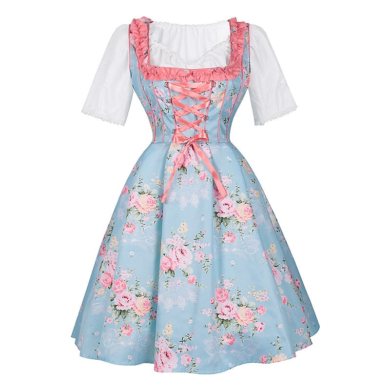 Traditional Dirndl Dress | Floral Pattern with Pink Apron Set