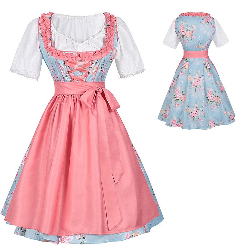 Traditional Dirndl Dress | Floral Pattern with Pink Apron Set