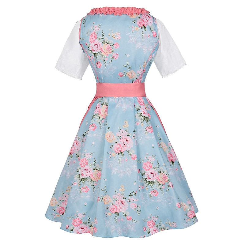 Traditional Dirndl Dress | Floral Pattern with Pink Apron Set