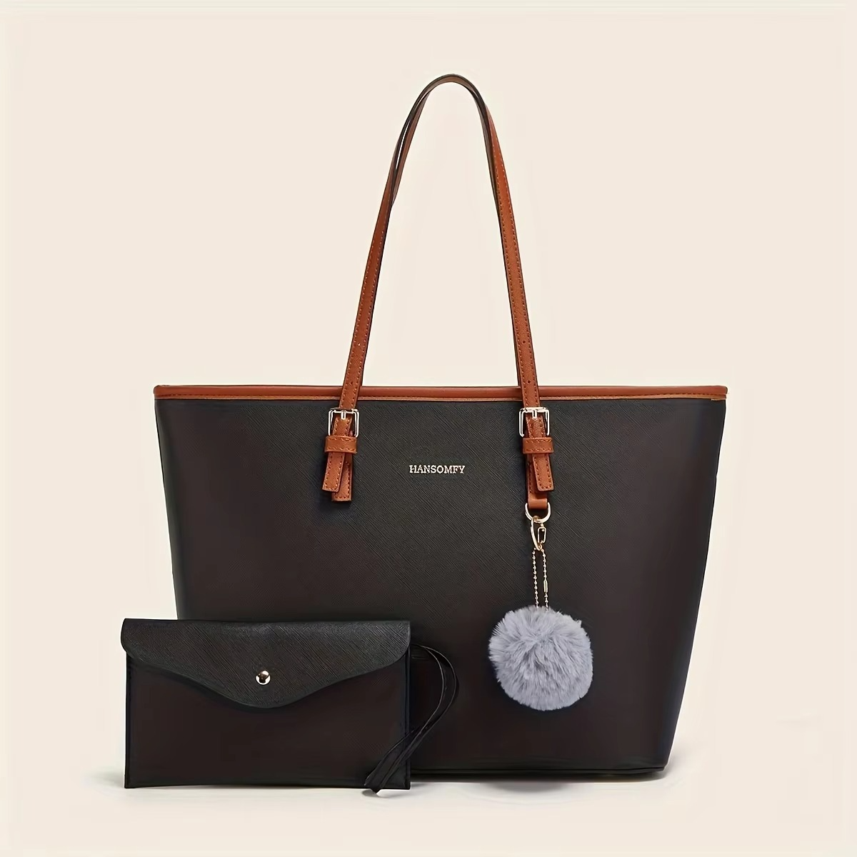 Designer Tote Bag | Brown Leather With Pom Charm