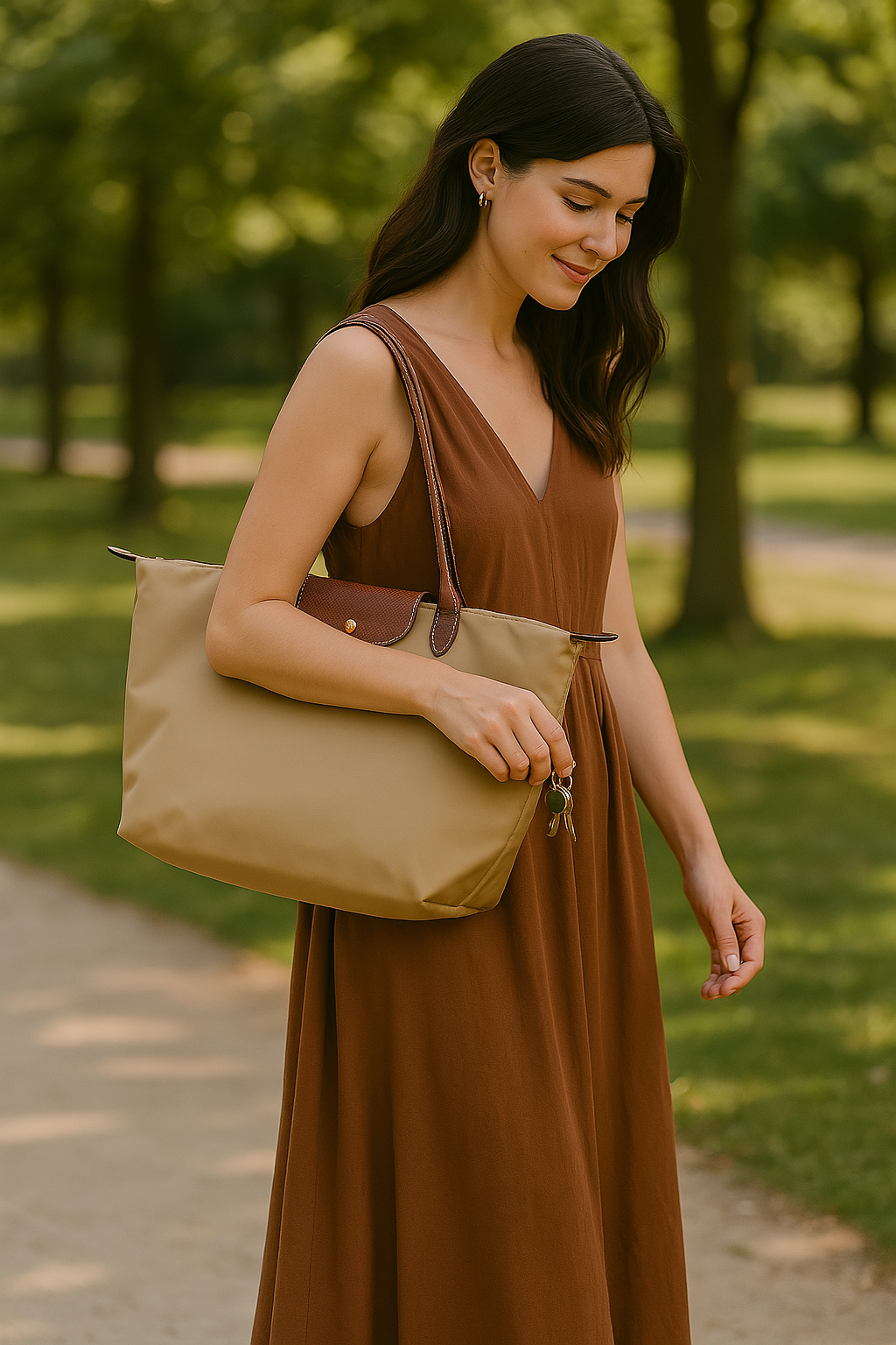 Classic Nylon Tote Bag | Brown Leather Trim With Gold Hardware