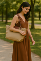 Classic Nylon Tote Bag | Brown Leather Trim With Gold Hardware