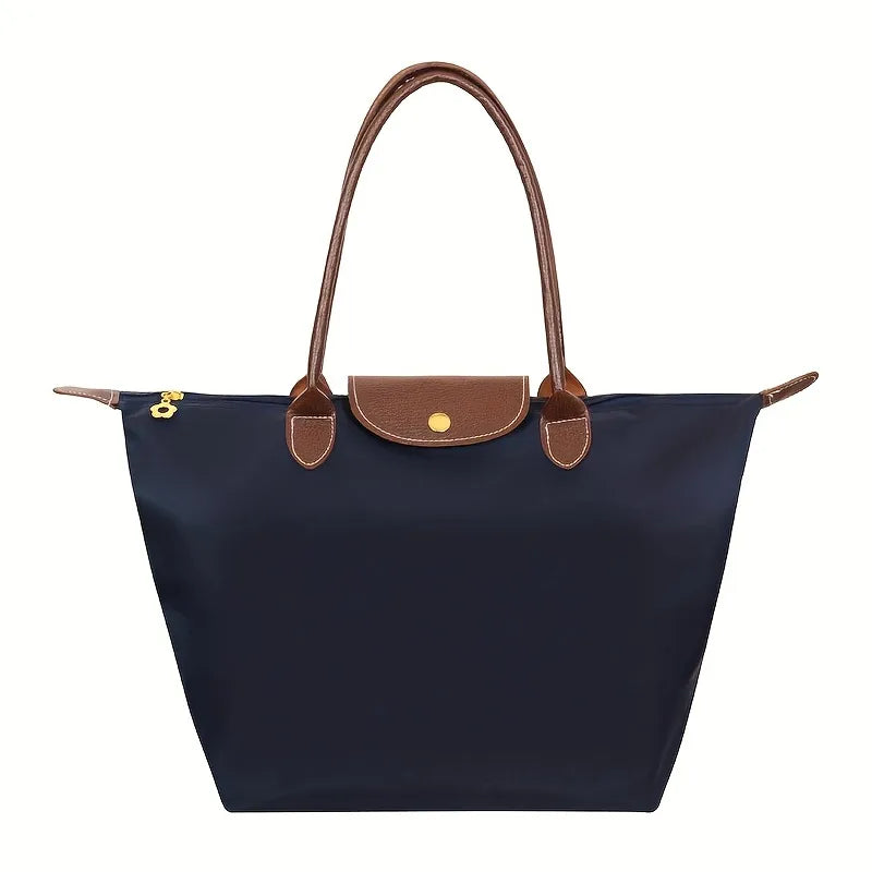 Classic Nylon Tote Bag | Brown Leather Trim With Gold Hardware