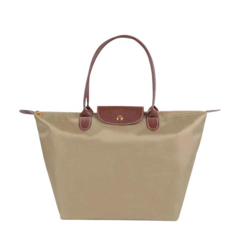 Classic Nylon Tote Bag | Brown Leather Trim With Gold Hardware