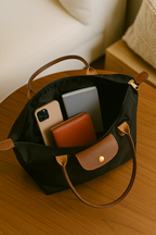 Classic Nylon Tote Bag | Brown Leather Trim With Gold Hardware