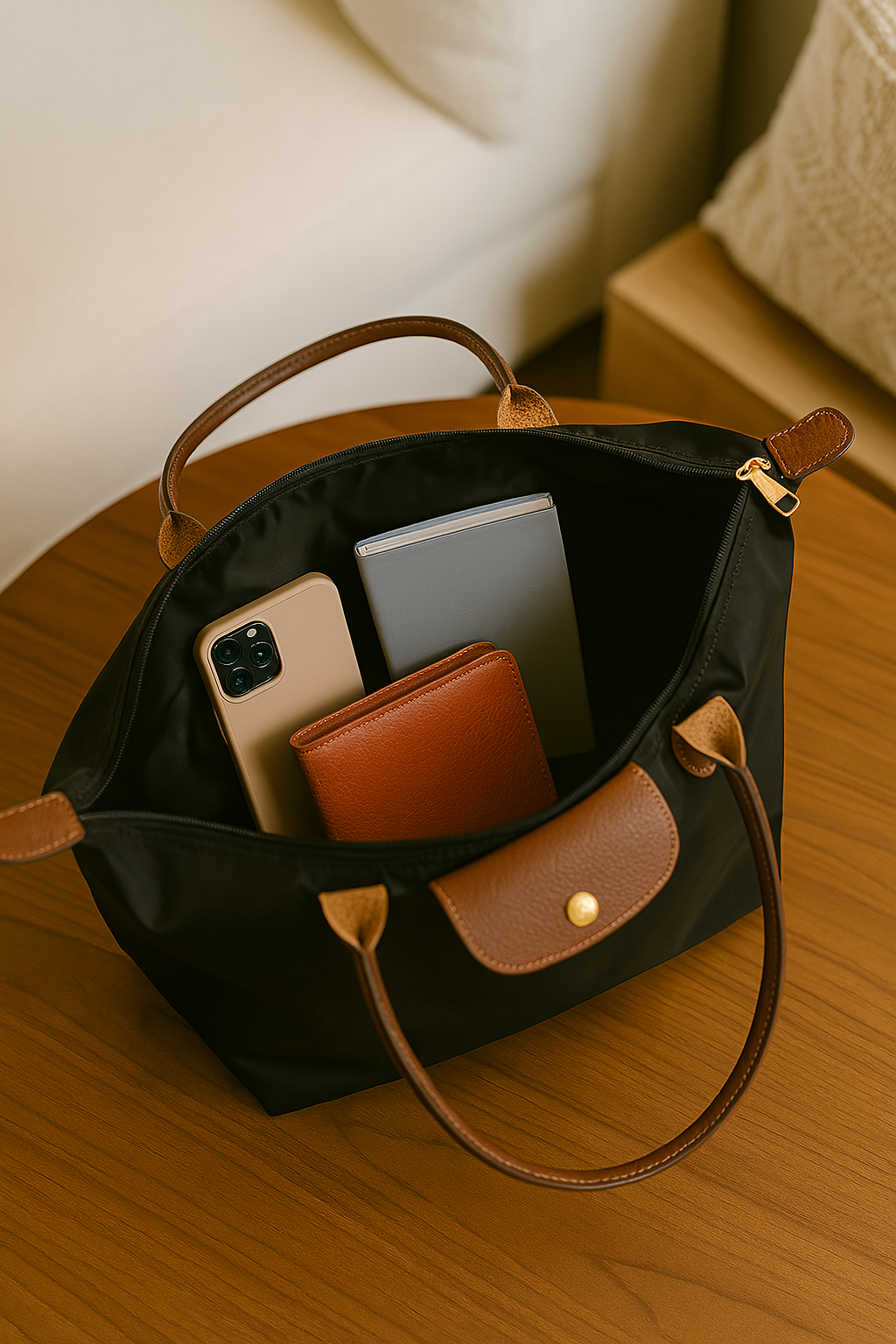 Classic Nylon Tote Bag | Brown Leather Trim With Gold Hardware