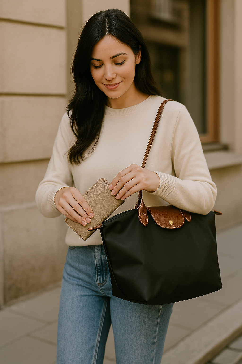 Classic Nylon Tote Bag | Brown Leather Trim With Gold Hardware