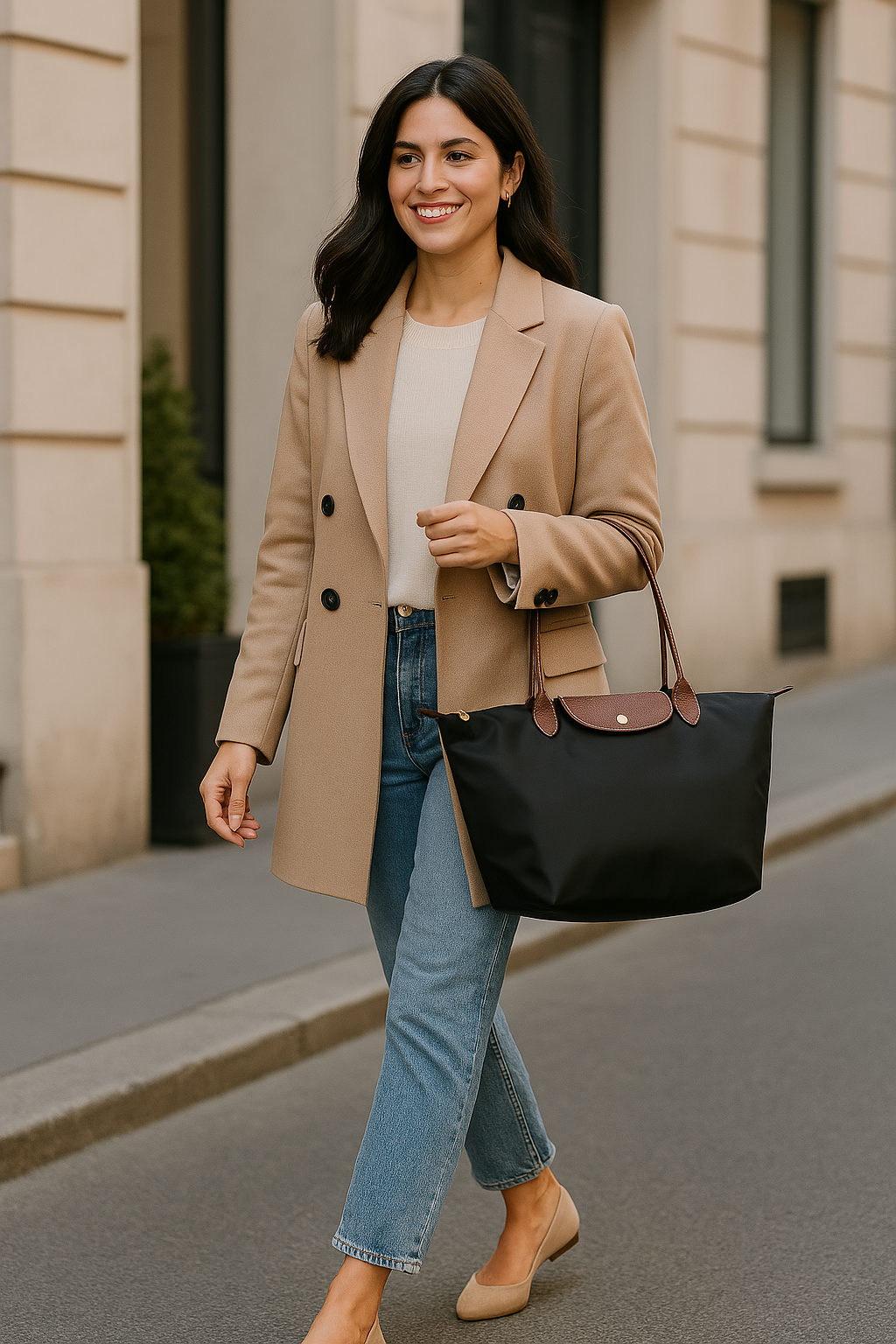 Classic Nylon Tote Bag | Brown Leather Trim With Gold Hardware