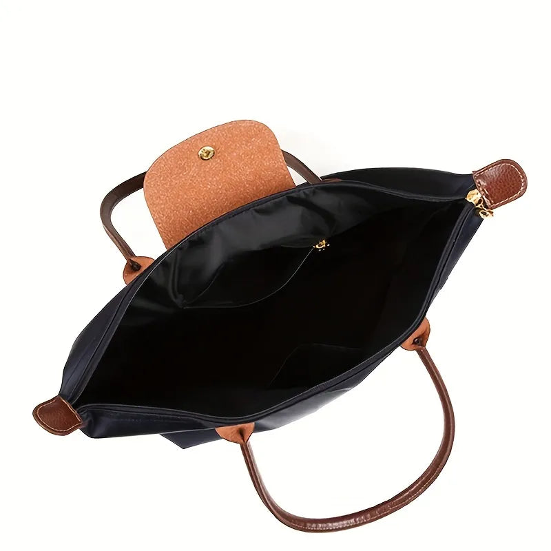 Classic Nylon Tote Bag | Brown Leather Trim With Gold Hardware