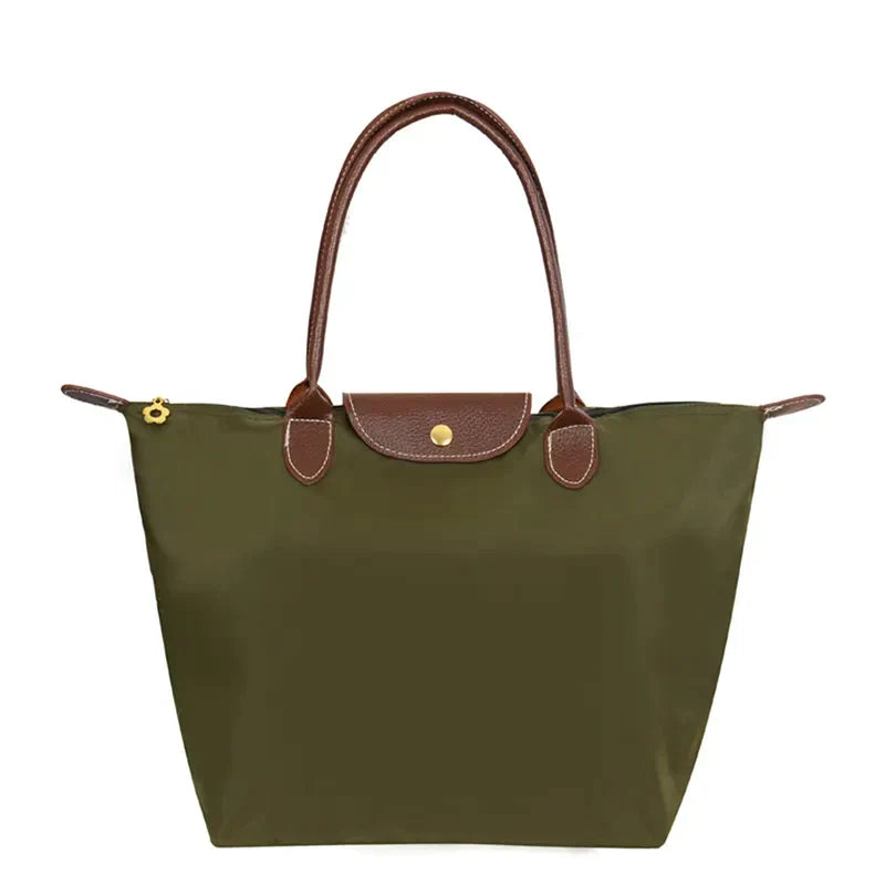 Classic Nylon Tote Bag | Brown Leather Trim With Gold Hardware