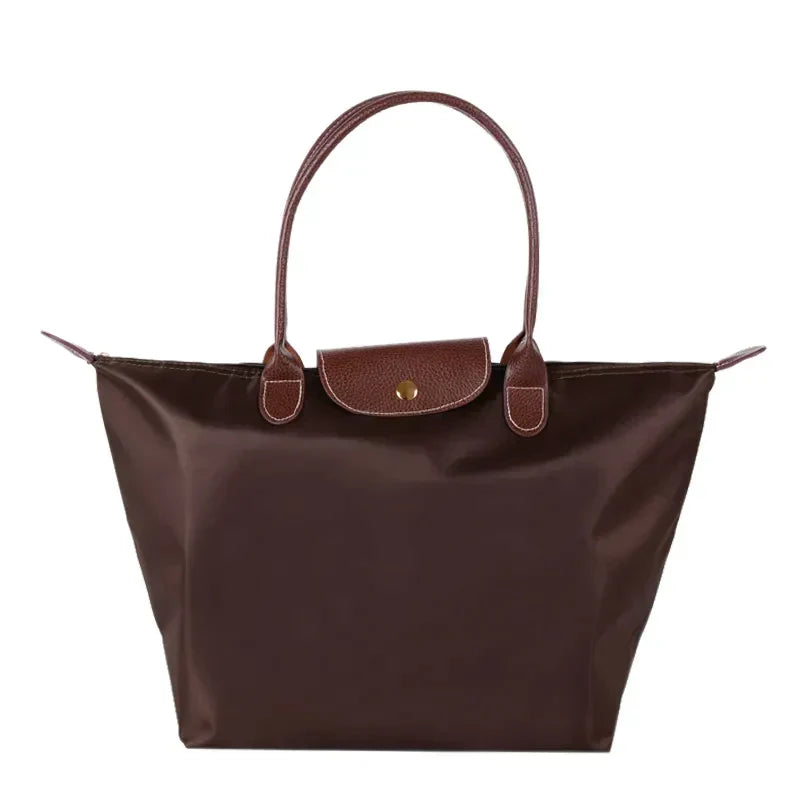 Classic Nylon Tote Bag | Brown Leather Trim With Gold Hardware
